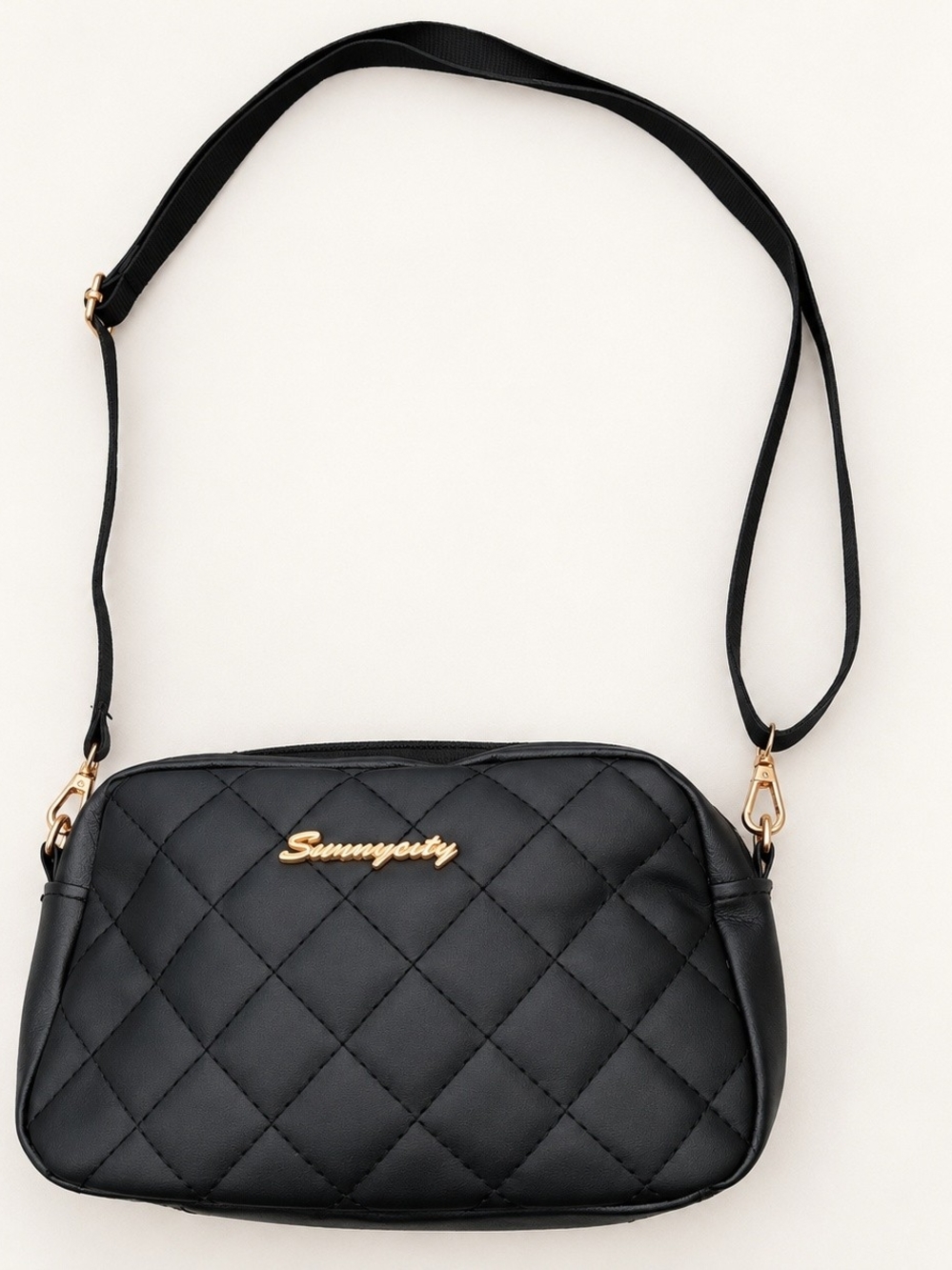 Brand New Black Quilted Crossbody Bag with Gold Accents